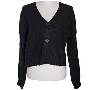 NEW No Comment Black V-Neck‎ Cable Knit 3 Button Cardigan Sweater Size  L
